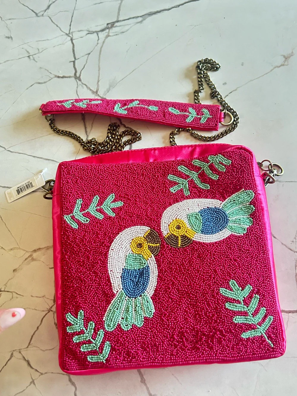 New With tags Hand-Beaded Pink  Crossbody Bag with Tropical birds